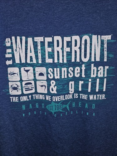 Waterfront Sunset Bar Grill Nags Head NC OBX XL Herren blau Grafik Logo Tshirt