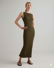 Quince Cotton Cashmere Ribbed Sleeveless Midi Dress Olive Green Large L EUC
