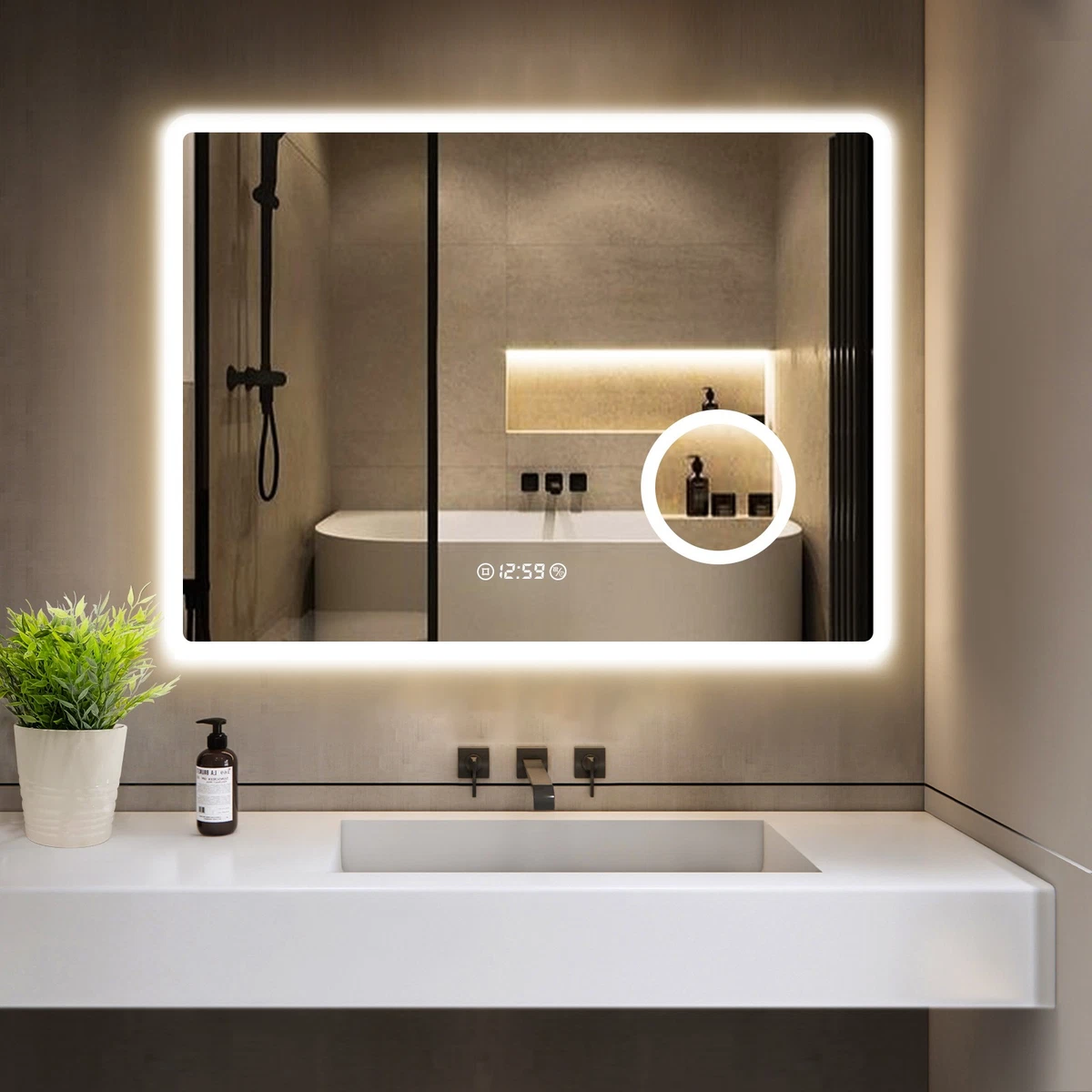 Badspiegel mit LED Beleuchtung Touch+Beschlagfrei+3Lichtfarbe+Uhr,LED Wandspiege