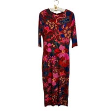 Farm Rio Snake Garden Body Con Jersey Midi Dress Size S Red Floral 3/4 Sleeves