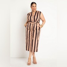 ELOQUII Brush Stripe Button Front Midi Dress Belted Size 26 Plus