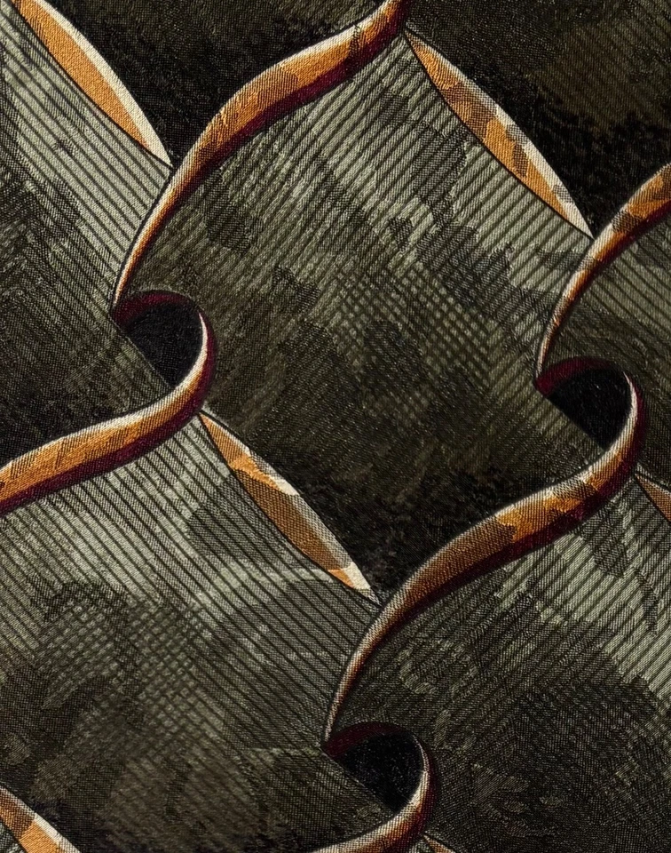 Corbata de cuello J Ferrar 100% seda hecha en Italia diseño geométrico dorado verde vintage Foto 3 de 4