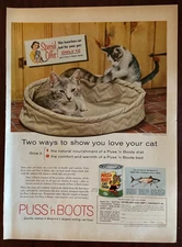 1958 PUSS n' BOOTS Cat Food Vintage Print Ad Kitten Bed