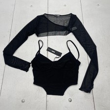Fashion Nova Molly Mesh Top Womens Small Black Bodysuit 2 Piece Long Sleeve