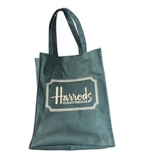 Harrods Knightsbridge Tote Bag Dark Green Canvas Embroidered Logo Shopper