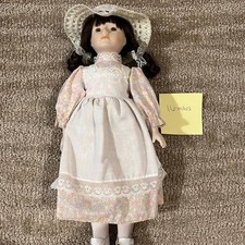 Vintage Porcelain Doll 16 Floral Dress Hat Brown Hair Collectible Display Doll