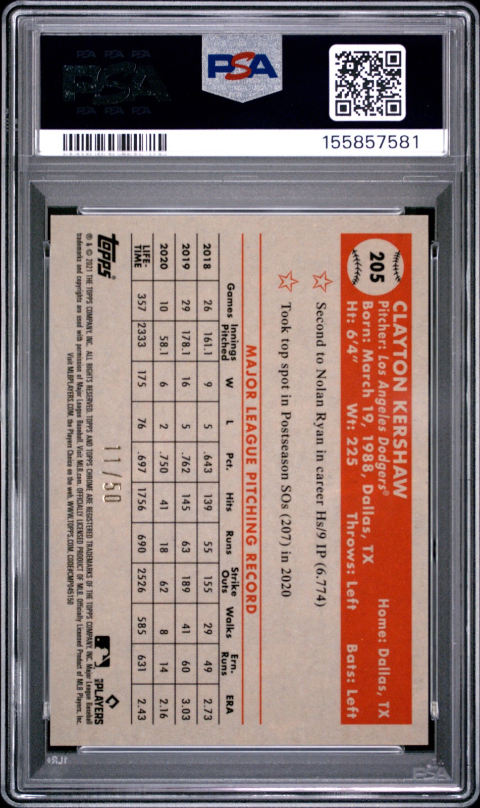 2021 TOPPS CHROME PLATINUM ANV GOLD ROSE GOLD CLAYTON KERSHAW 11/50 PSA 9 view 2