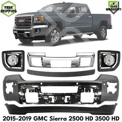Front Bumper Chrome & Fog Lights Kit For 2015-2019 GMC Sierra 2500 HD 3500 HD
