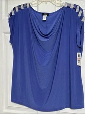 MSK Women’s  Blue Top Blouse Sz 2X Open Shoulder With Decorative Rhinestones NWT