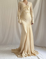 Rare Authentic Vintage 1930s Champagne Silk  Lace Bias-Cut wedding Gown