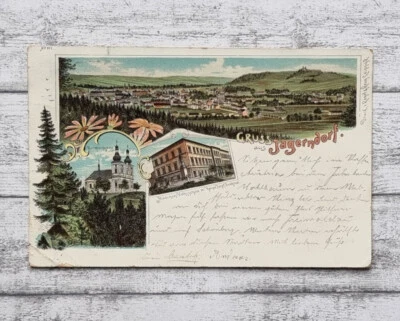 AK Gruss Jägerndorf Mädchen Volksschule Denkmal Burgbergkirche Krnov Postkarte - Bild 1 von 2