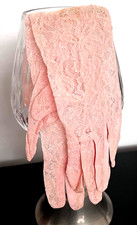 LOVELY VINTAGE MIDCENTURY PINK FLORAL COTTON LACE LONG EVENNING GLOVES.With TAG