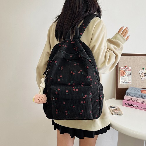 Corduroy Backpack Women Cherry Pattern Travel Daypack Zipper School Bag (Black) - Picture 5 of 11