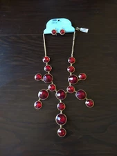 Ella Red Faceted Gold Tone Statement Necklace Earrings Set New Adjustable Party