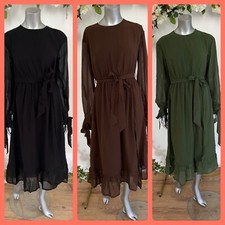 Influence Midi Dress Size 10 Black Brown Green Chiffon Long Sleeve Belted LT02
