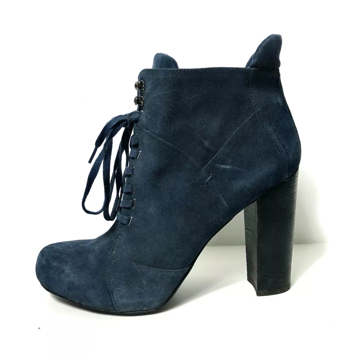 NINE WEST Womens Navy Blue Suede Lace Up Block Heel Ankle Boots 11