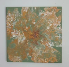 Abstract 12 x 12 Acrylic Pour Painting in Orange, Green, Brown & White On Canvas
