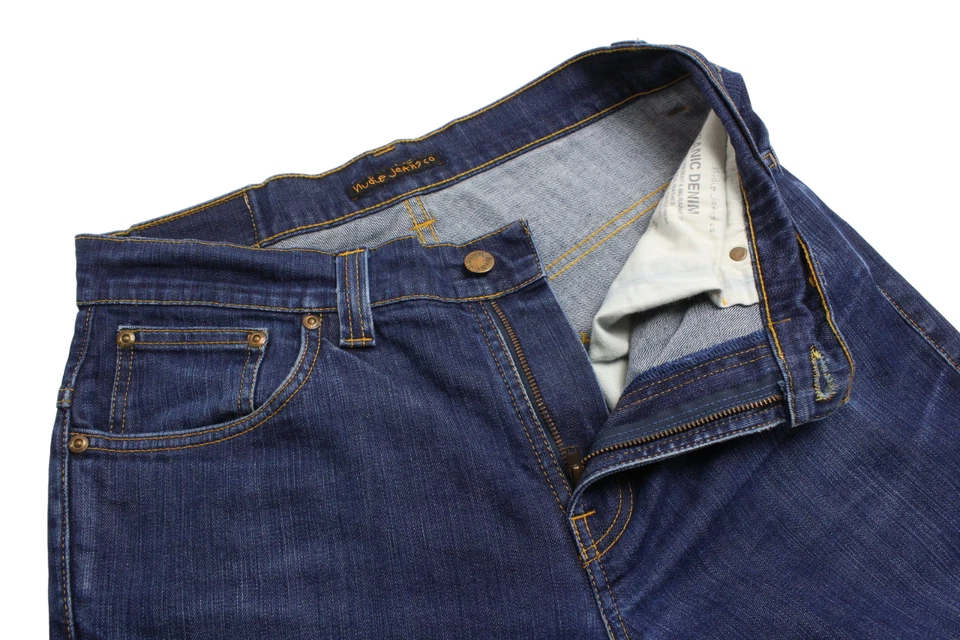 Pantalones de mezclilla Nudie finn finlandeses secos crudos embo para hombre W34 L24 orgánicos desteñidos azules Foto 4 de 4