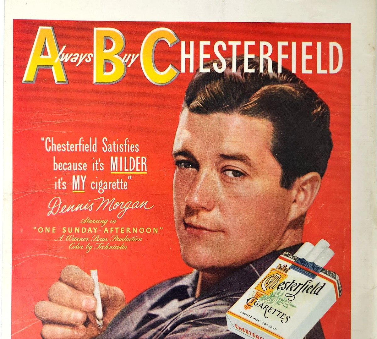 celebrity cigarette ads Dennis Morgan Smoking Chesterfield 1949 Vtg Magazine Print Ad Celebrity