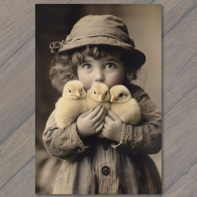 POSTCARD Scared Child Holding Easter Chicks Distressed Retro Style Funny Girl