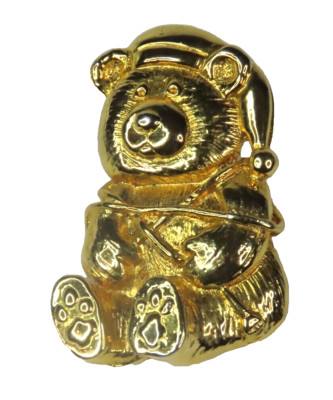 AAI Christmas Teddy Bear Gold Tone Brooch Pin 2''