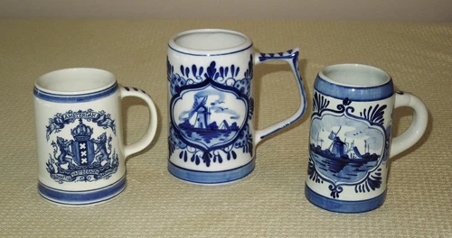 3 DELFT BLUE MUGS WINDMILL AMSTERDAM COAT OF ARMS SHIP FLORAL HOLLAND