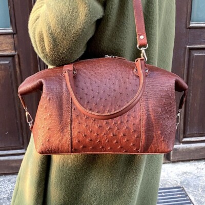 Womens GENUINE Ostrich Leather Handbag Exotic Luxury Brown Shoulder Bag