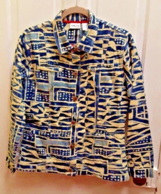 Chico's Blue White Funky Patterned Button Up Jacket Sz 1 Women's Sz M 8 - EUC