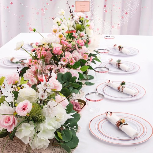 350 Pieces Rose Gold Plastic Dinnerware Set for 50 Guests, Perfect for Parties - Picture 5 of 9