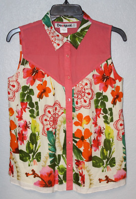 Desigual Floral Print Button Front Sleeveless Blouse Button Shirt Top SMALL