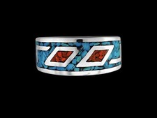 925 Sterling Silver Ladies Ring Turquoise and Coral Design Tribal Style