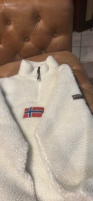 Napapijri Men's White Sherpa Fleece 1/4 Zip Mock Neck Flag Logo Sweatshirt