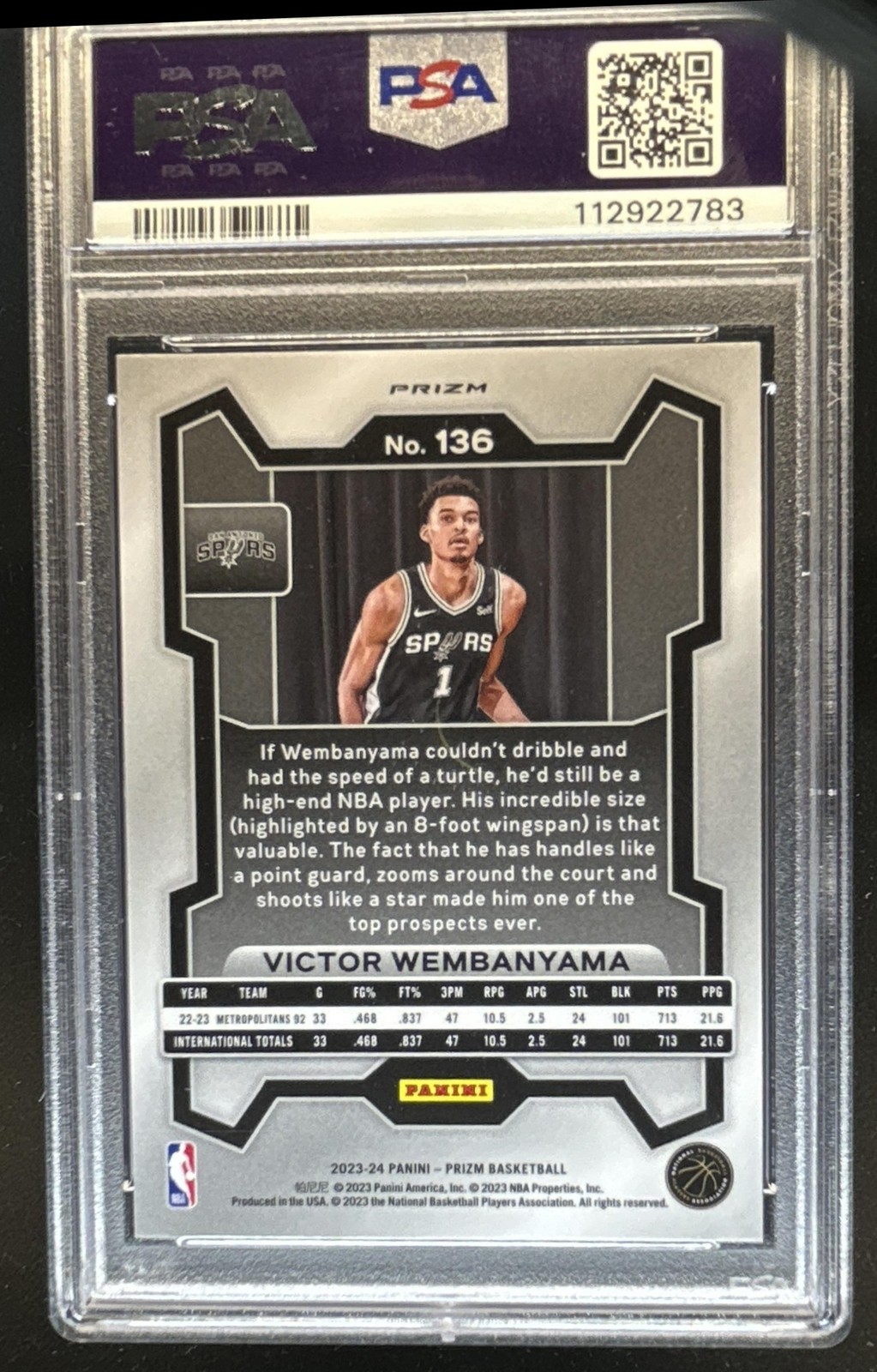 2023-24 Panini Prizm Victor Wembanyama RC Prizm Orange Ice #136 Spurs PSA 9 view 2
