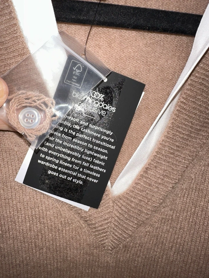 BLOOMINGDALES NUEVO CON ETIQUETAS Talla L Cachemira 2 Capas Dosfer Suéter Top Camel Marrón Blanco H97 Foto 4 de 4