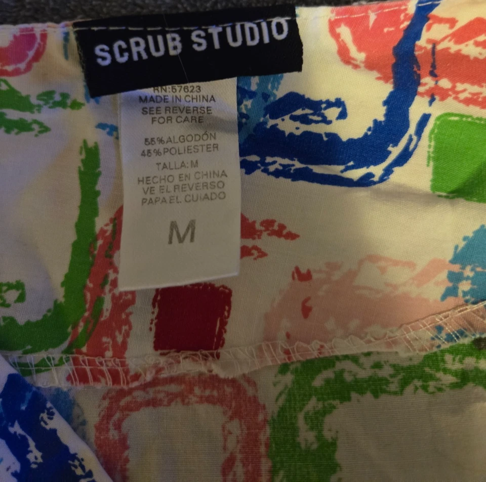 Scrub Studio - V Neck - White - Colorful Squares - Size M - Shirt - Image 3 of 3