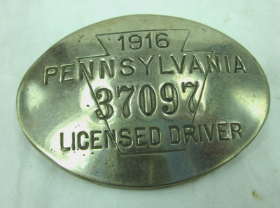1916 Pennsylvania Licensed Driver Brass Badge Oval Antique Pin-Back Chauffeur
