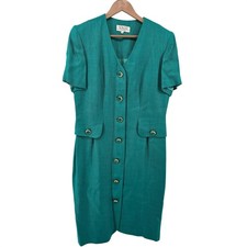 Talbots Dress Womens 14 Teal Green Depeche Vintage 90s Button Front Rayon Sheath