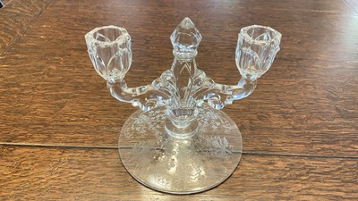 Pair Heisey Double Light Candlestick Etched Orchid Trident