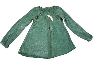 #ad Gimmicks Acid Wash Moss Green Bohemian Hippie Button Up Shirt. Women#x27;s Size M $15.00