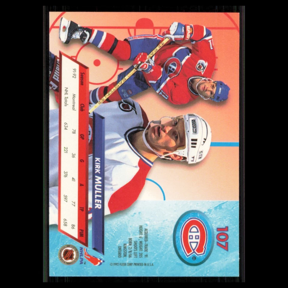 Kirk Muller #107 1992 Fleer Ultra Montreal Canadiens Hockey Card NHL NM - Image 2 of 3