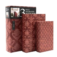 Hosley Storage Farmhouse Memory Book Boxes Set of 3, Red Brown & Gold, 12 Inch.