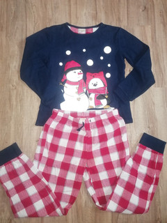 Mädchen Winter Pyjama/Schlafanzug 146/152 rot weiß/dunkelblau warm Schneemann