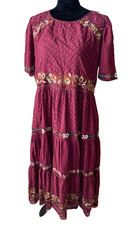 Bohme peasant maxi dress lined Embroidered floral ruffle Size XL maroon