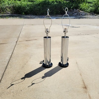 Pair 2 Vintage MCM Chrome Cylinder Table Lamps Kovacs Laurel Sonneman Style