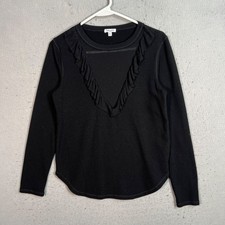 Splendid Black Ruffled V-Neck Long Sleeve Top Small Polyester/Rayon