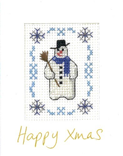 Snowman cross stitch Christmas card kit - complete mini xmas card kit on 14 aida