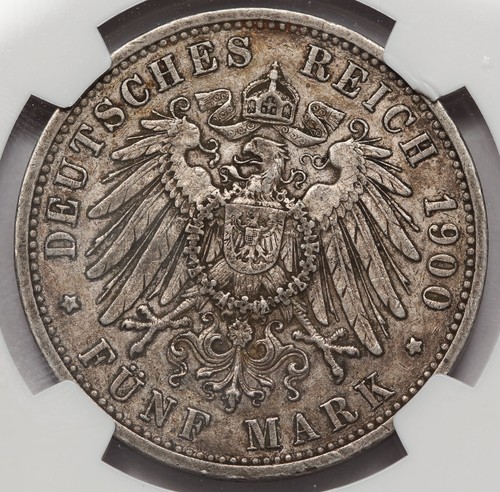 1900 G GERMANY Baden Five 5 Mark Silver Coin NGC XF40 KM #268 Friedrich I XF+ - Picture 2 of 4