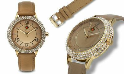 NEW Louis Richard 1426 Womens Mystra Swarovski Crystal Bezel Beige Leather Watch
