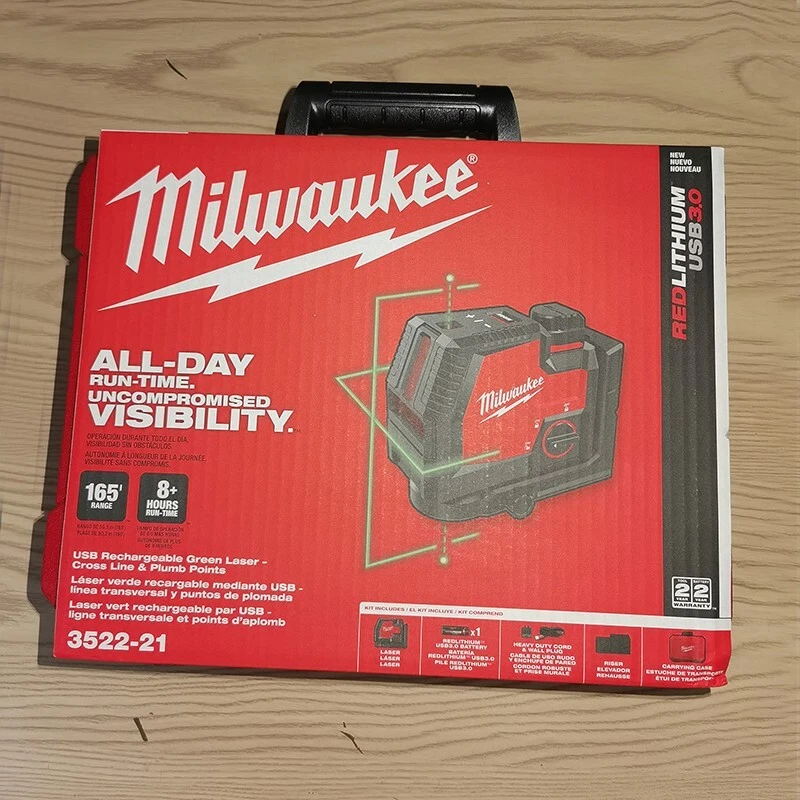 Láser Milwaukee 3522-21 USB recargable línea cruzada verde y puntos de plomada ¡NUEVO!