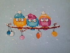 Finished Unframed Cross Stitch Picture Funny Siting Owls Christmas Gift